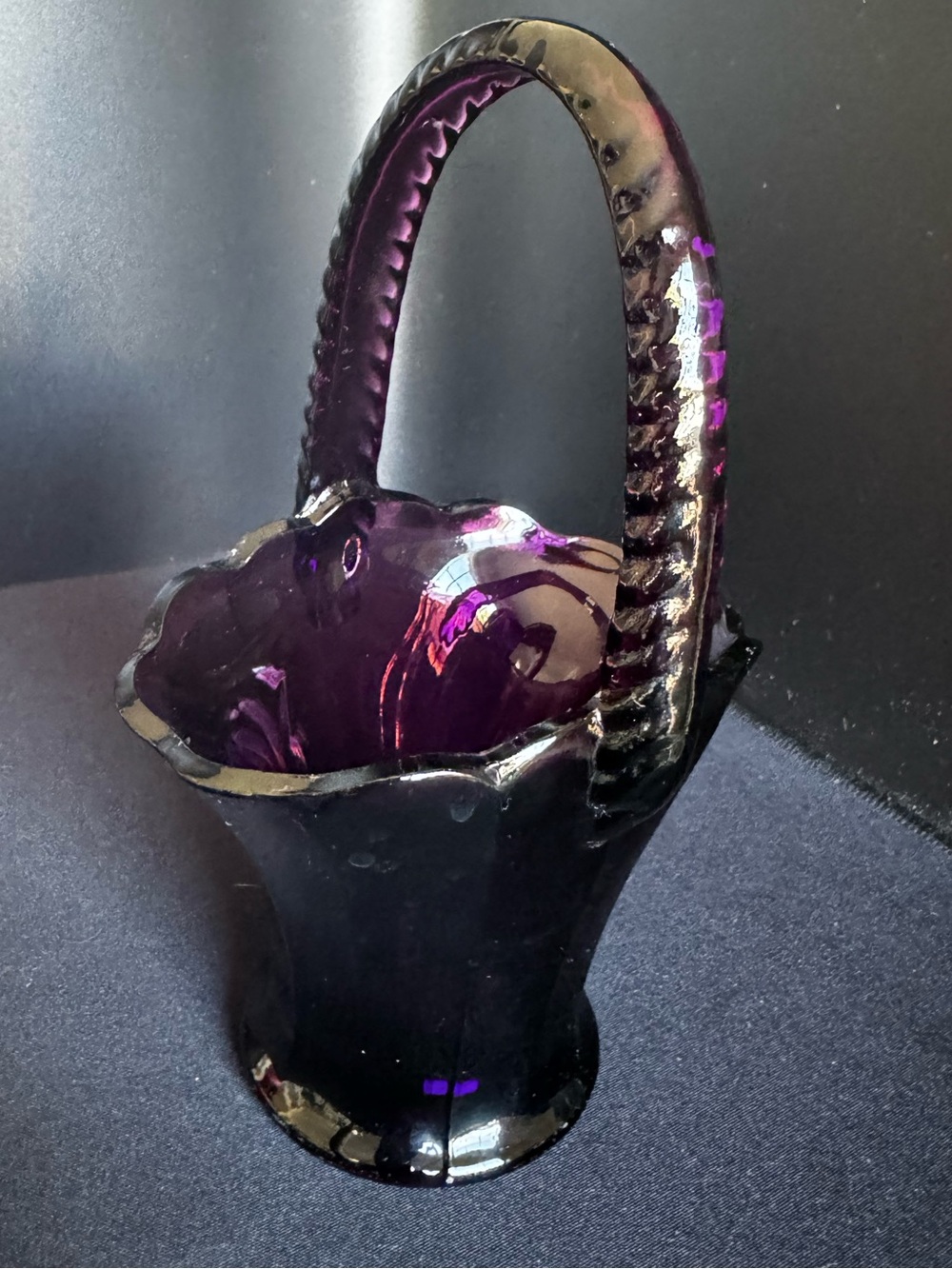 Vintage Mossed Purple Scallop Edge Basket Marked M
